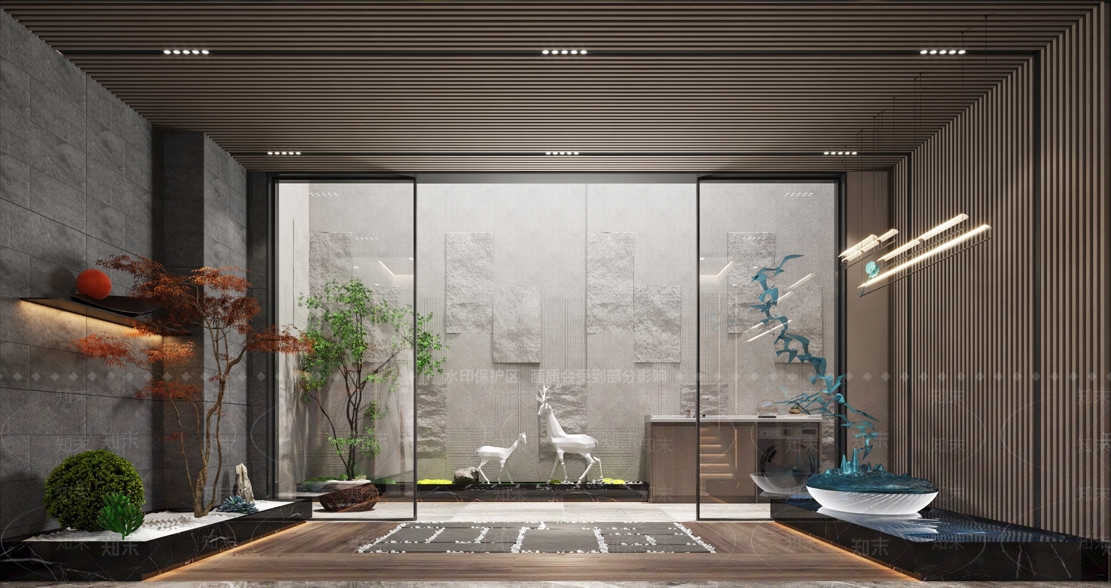 新中式庭院3D模型渲染效果图