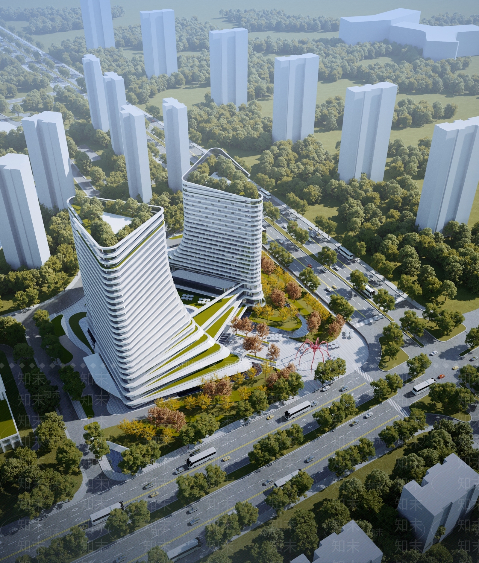 现代高层办公楼鸟瞰3D模型下载【ID:1116926482】