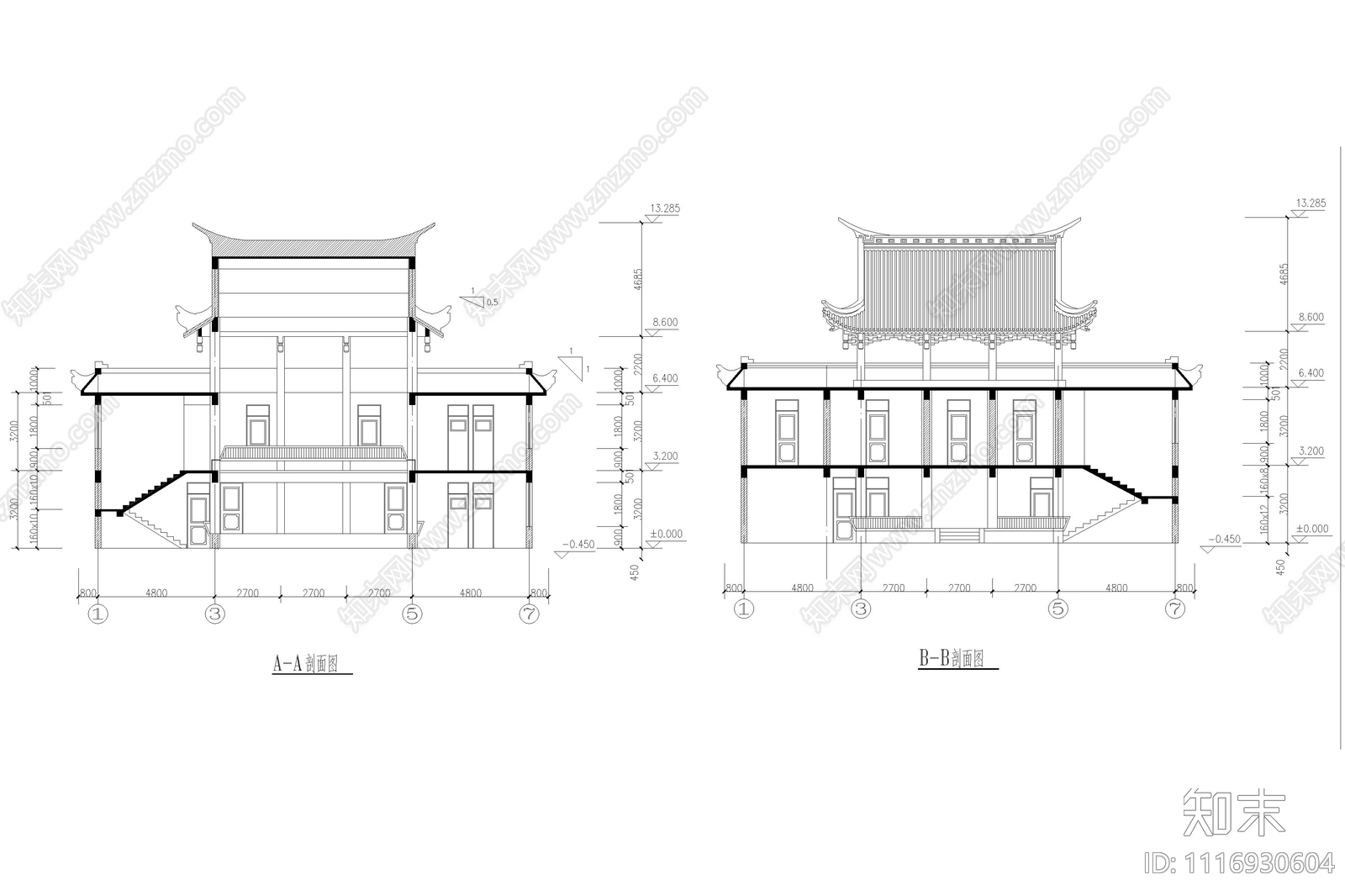 古代建筑设计剖立面施工图施工图下载【ID:1116930604】