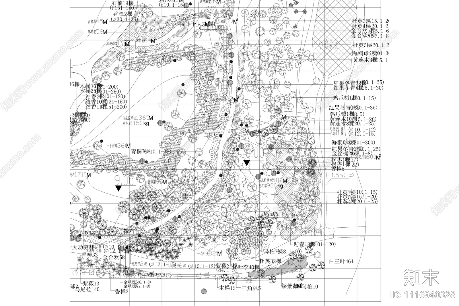 园林公园景观平面图植物配置图施工图下载【ID:1116940328】