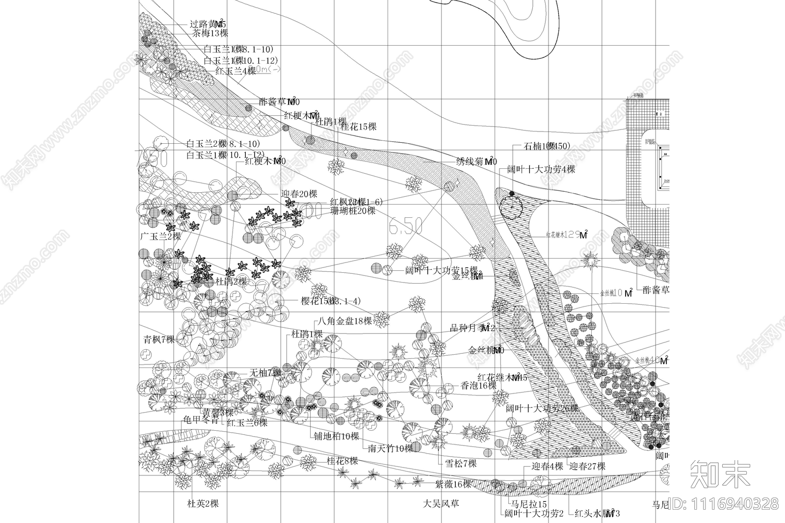 园林公园景观平面图植物配置图施工图下载【ID:1116940328】