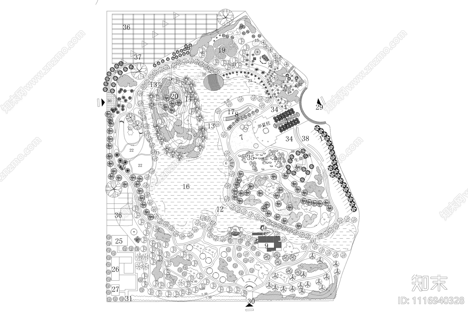 园林公园景观平面图植物配置图施工图下载【ID:1116940328】