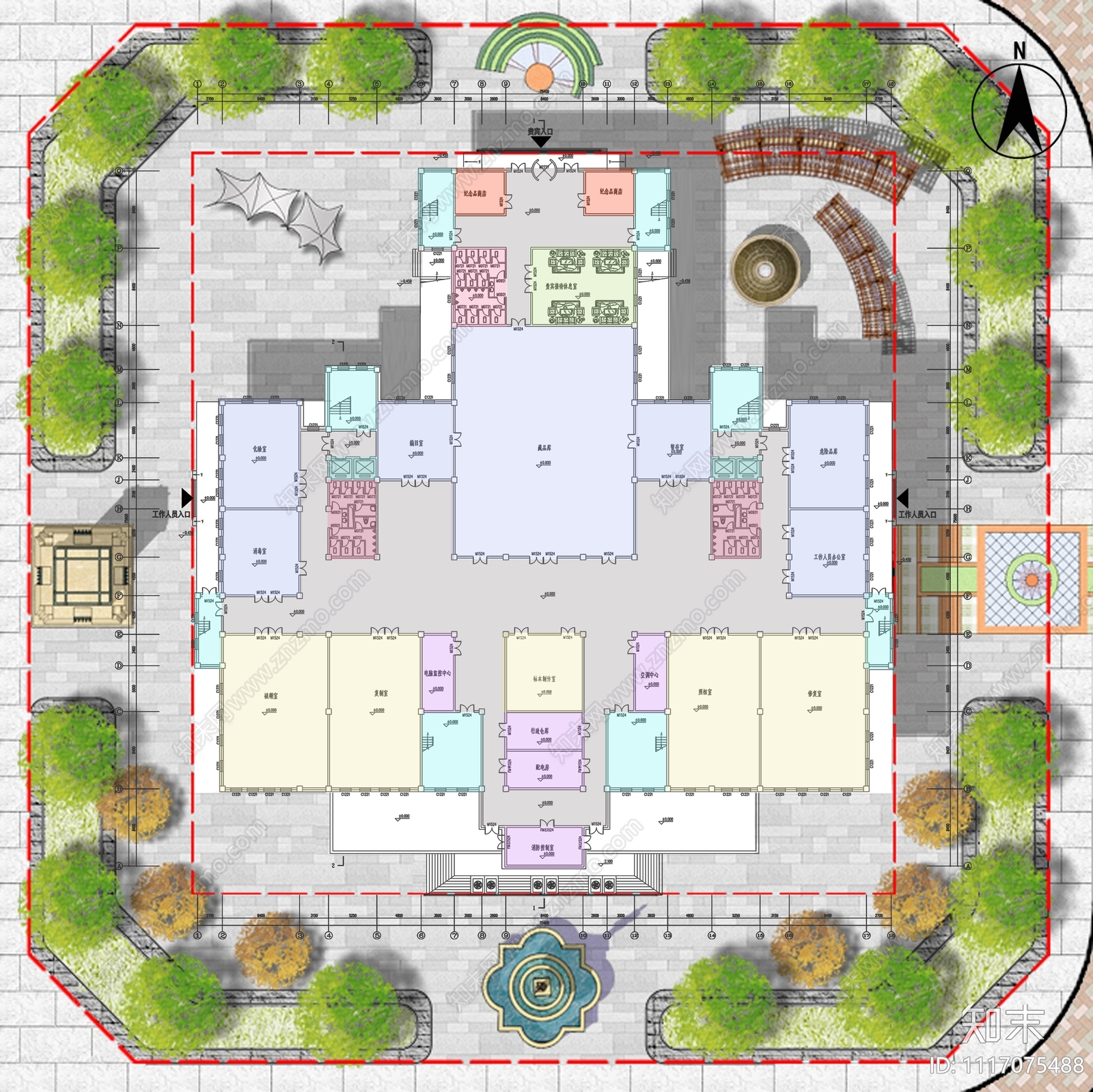 中式博物馆建筑设计施工图cad施工图下载【ID:1117075488】