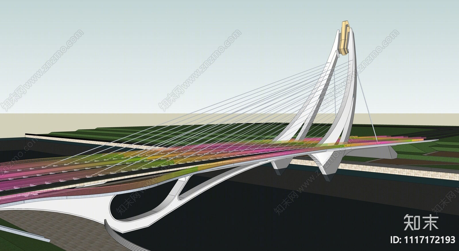 现代彩虹渐变钢索桥SU模型下载【ID:1117172193】