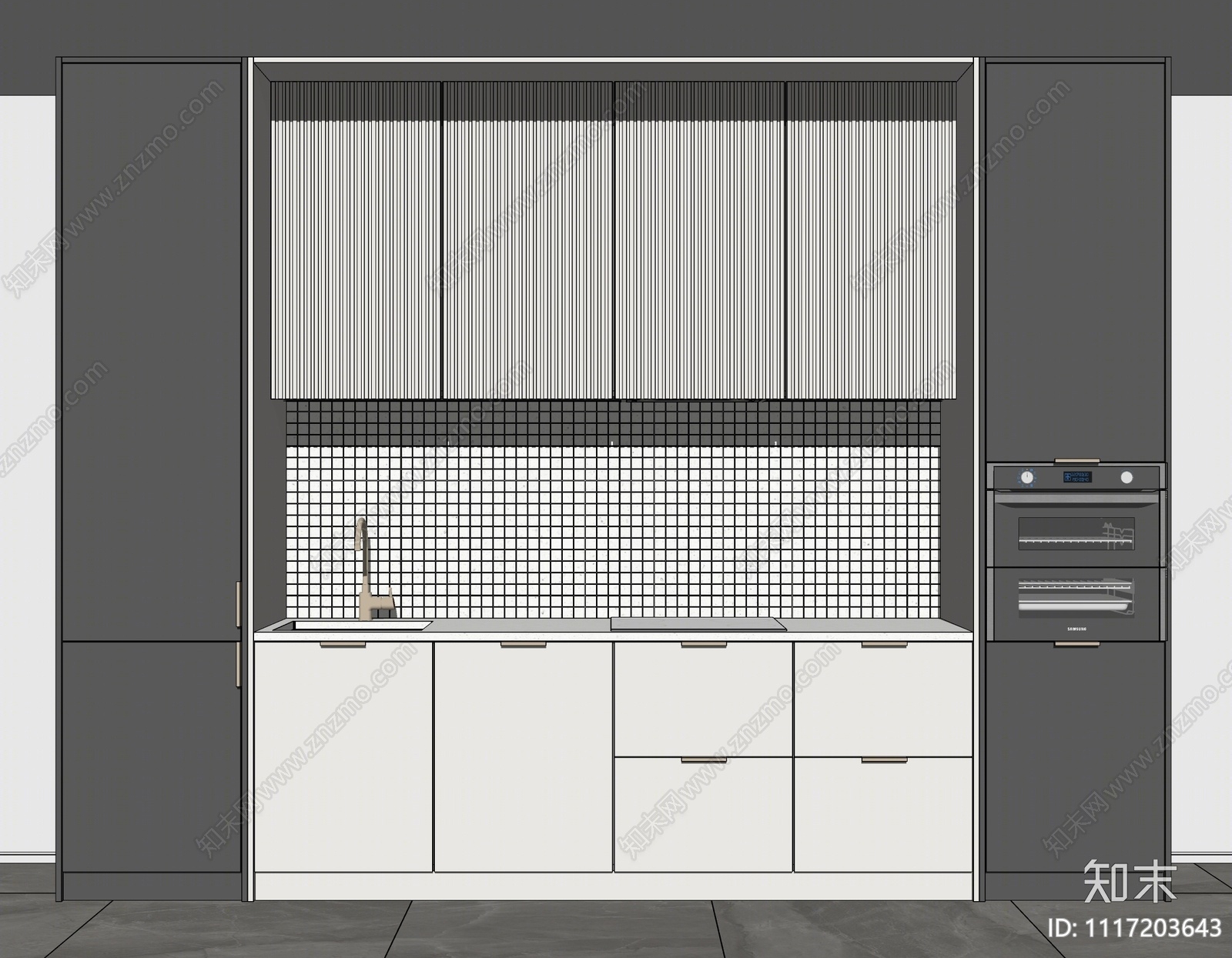 现代厨房橱柜一体柜SU模型下载【ID:1117203643】