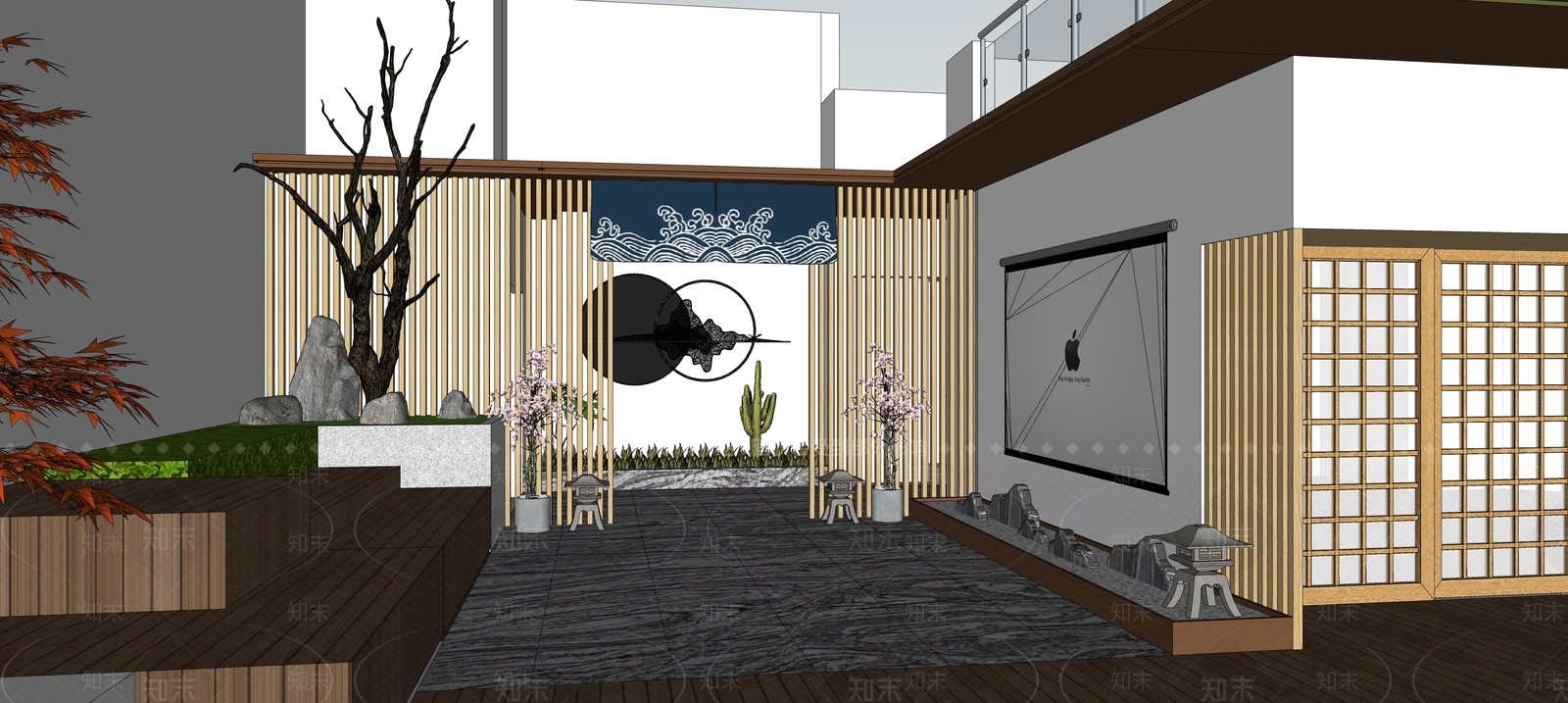 新中式屋顶花园SU模型下载【ID:1117223434】