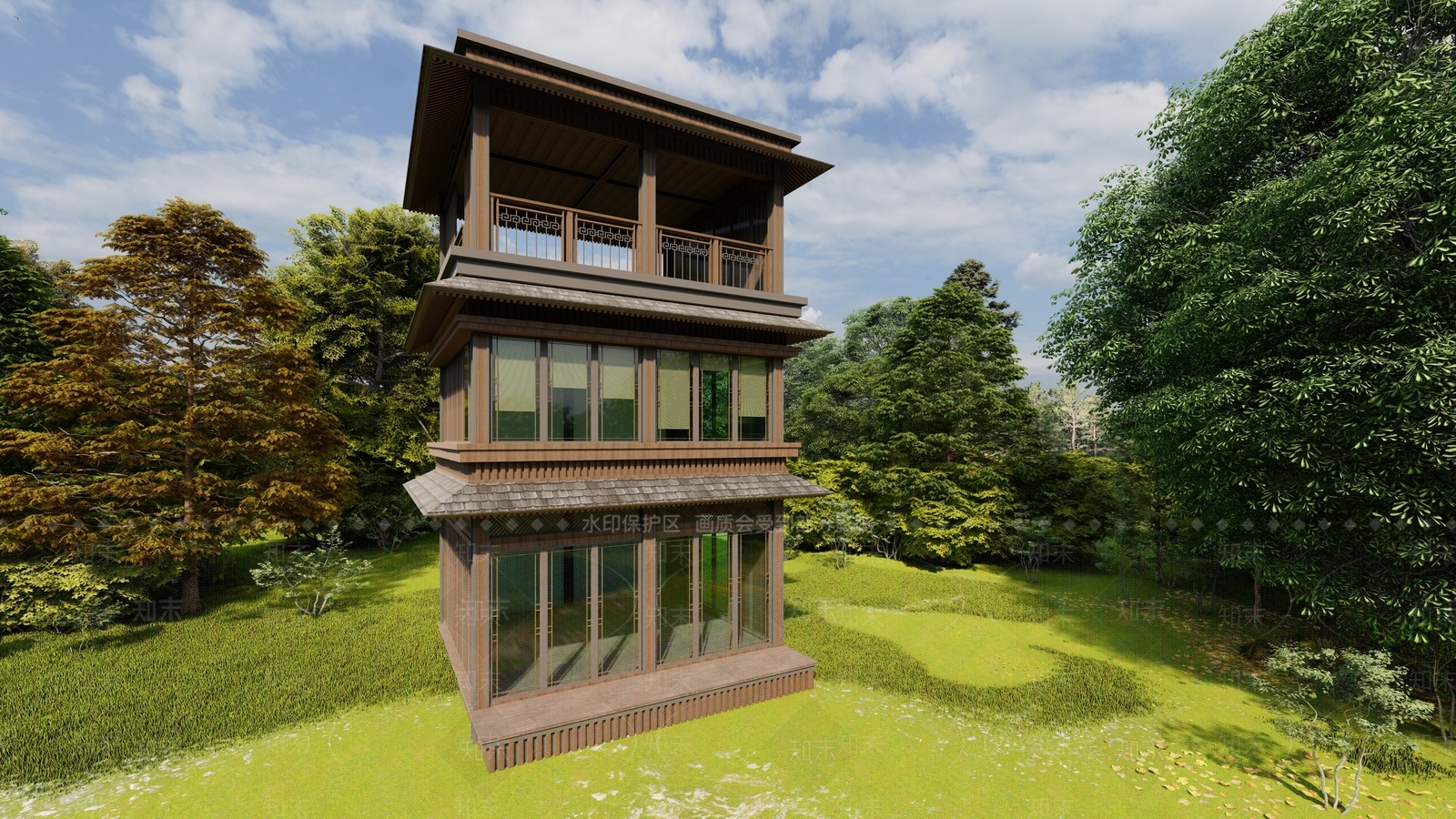 新中式景观小建筑SU模型下载【ID:1117280509】