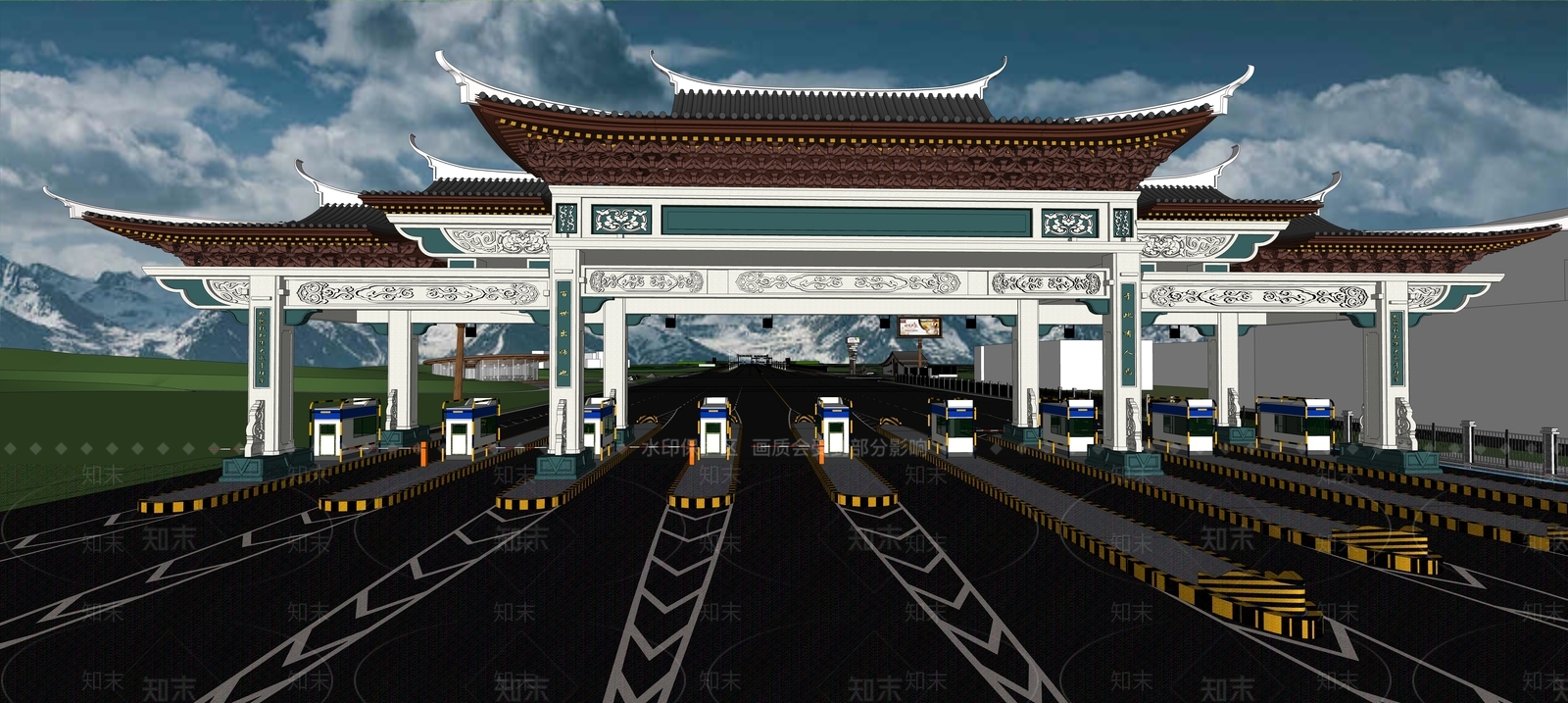 新中式收费站SU模型下载【ID:1117290929】