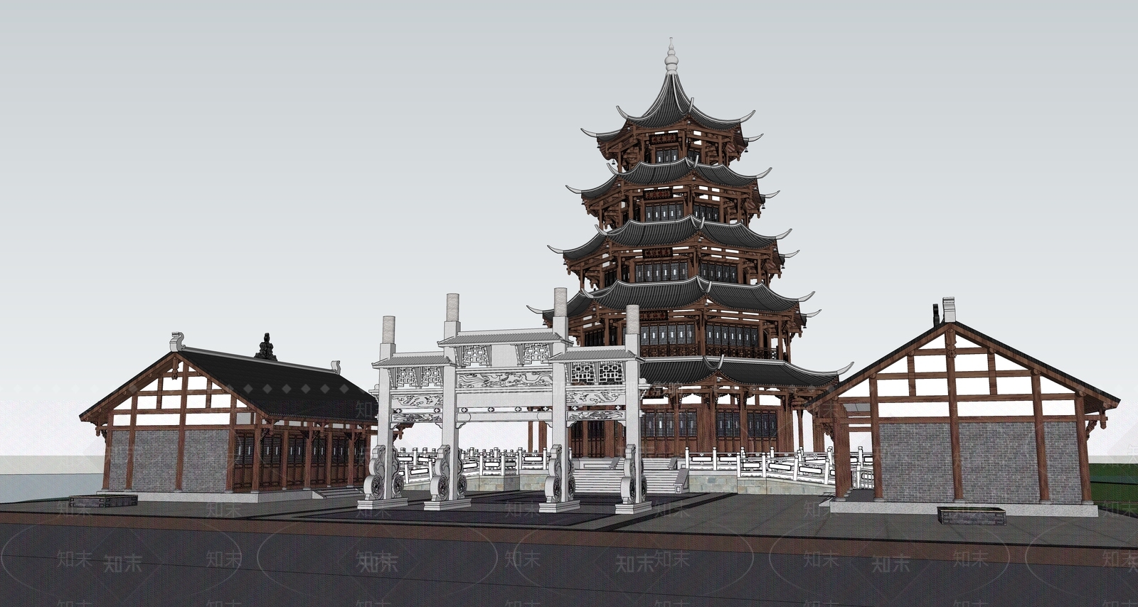 中式观景楼SU模型下载【ID:1117380056】