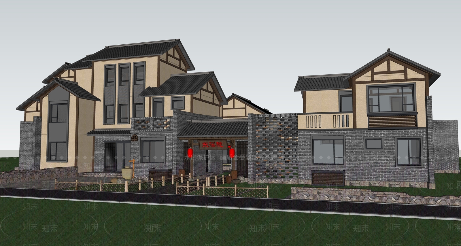 新中式民宿建筑SU模型下载【ID:1117383155】