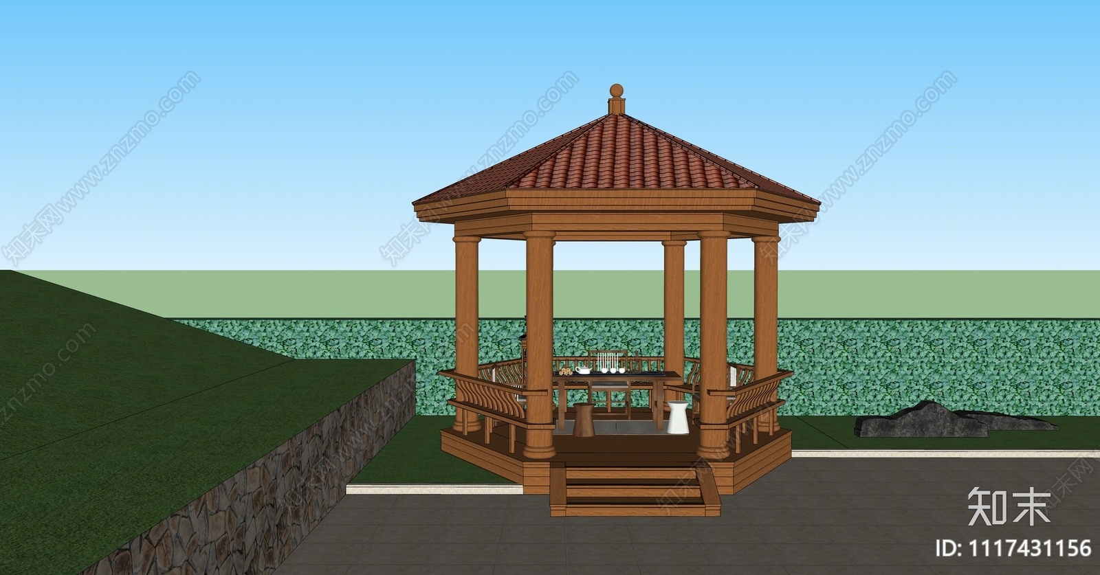 现代防腐木六角亭SU模型下载【ID:1117431156】
