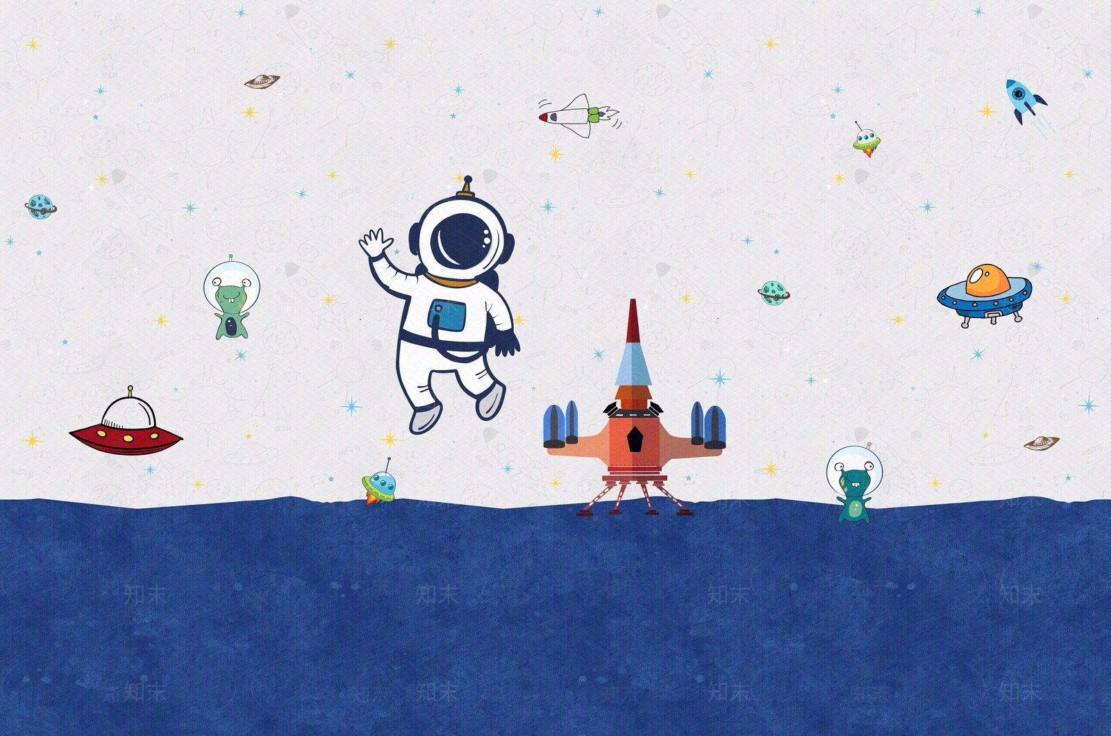 卡通儿童星空宇航员壁画壁纸贴图下载【ID:1117444572】