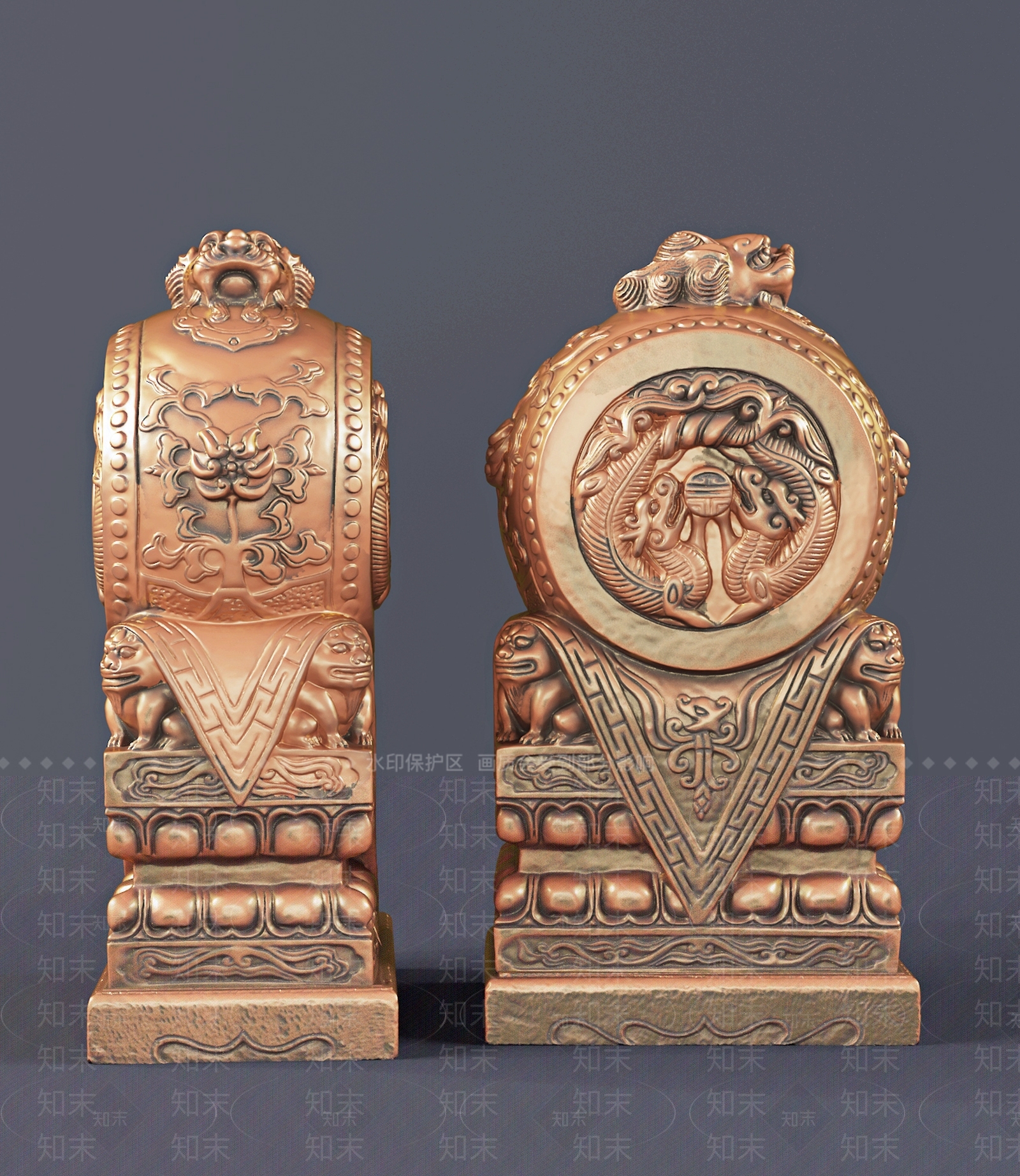 新中式狮子双龙抱鼓雕塑装置3D模型下载【ID:1117460861】