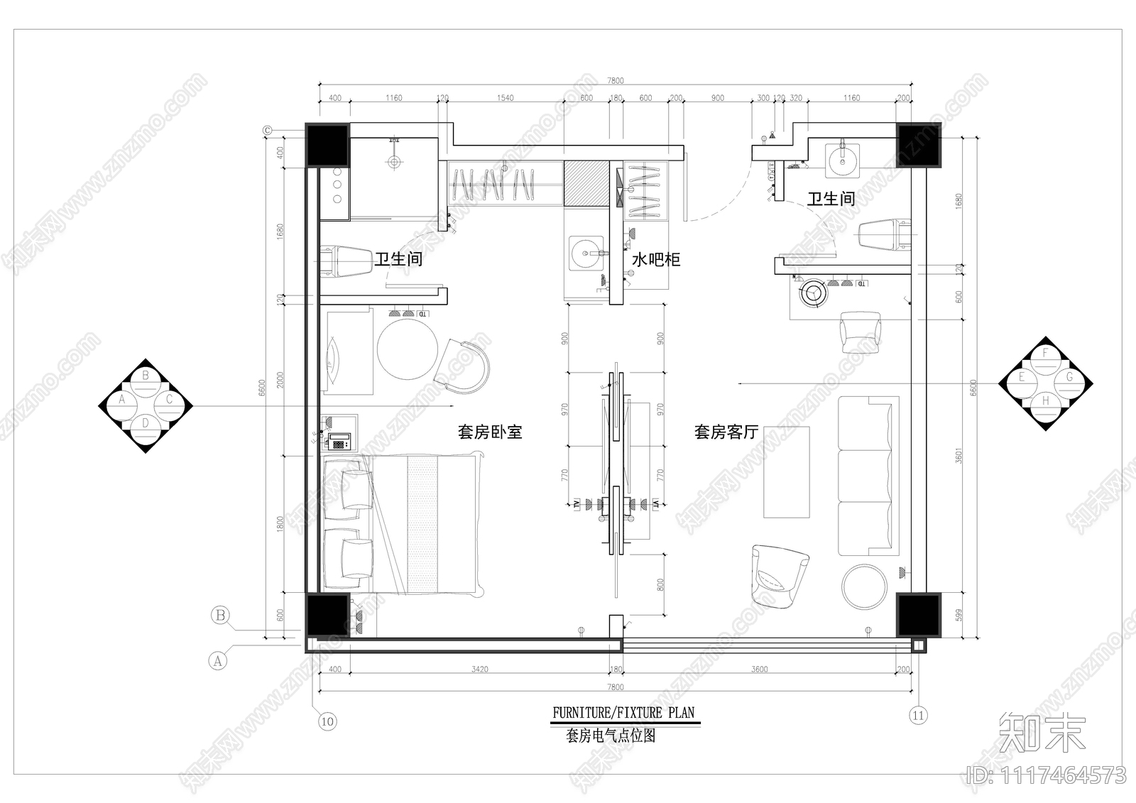 豪华大床房平立面设计施工图cad施工图下载【ID:1117464573】