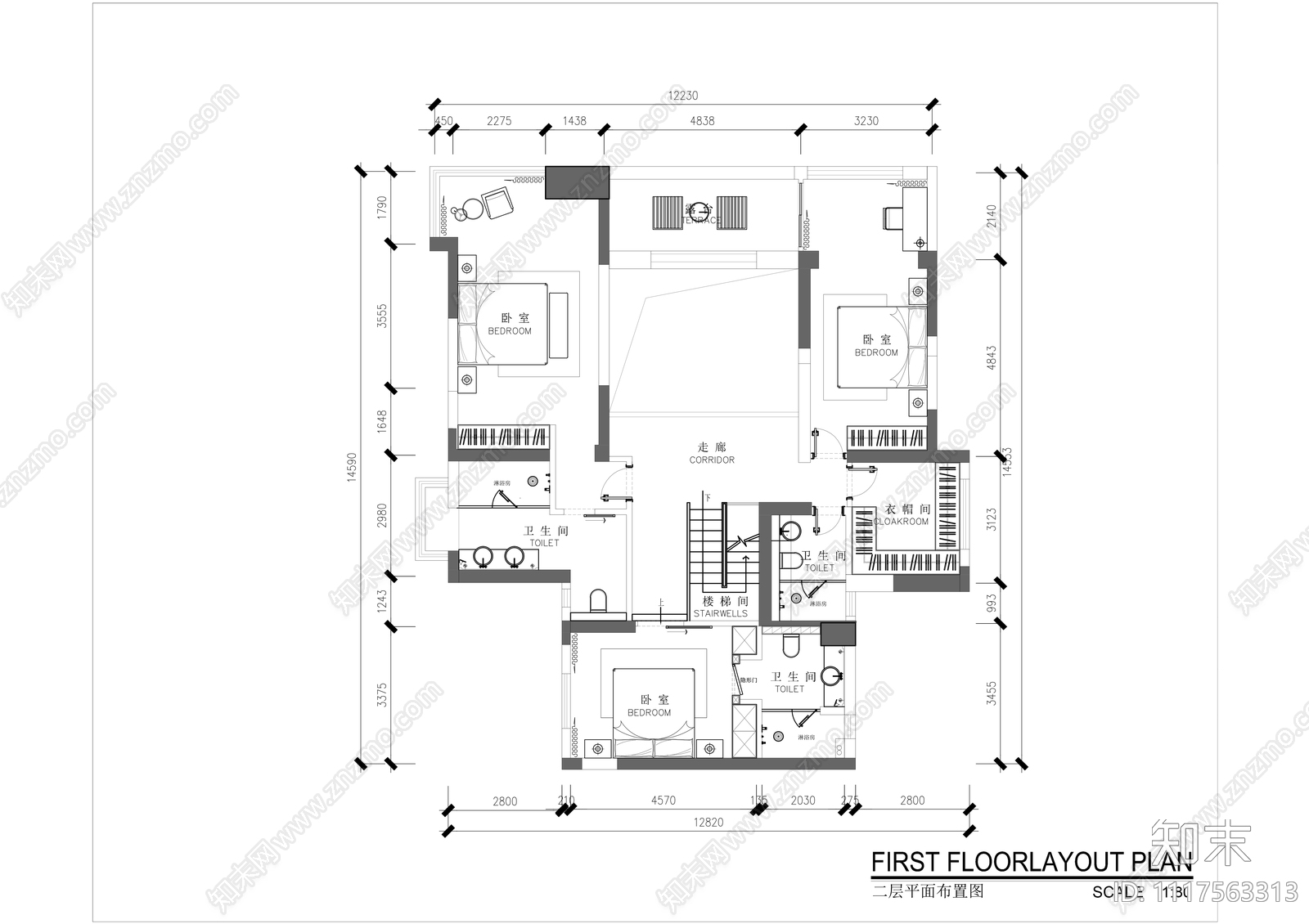 现代简约三层复式楼别墅平立剖施工图含负一层施工图下载【ID:1117563313】