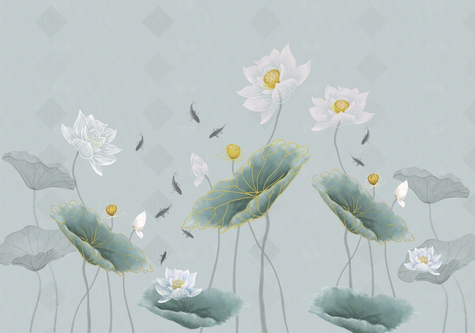 新中式柔然荷花壁画贴图下载【ID:1117619248】