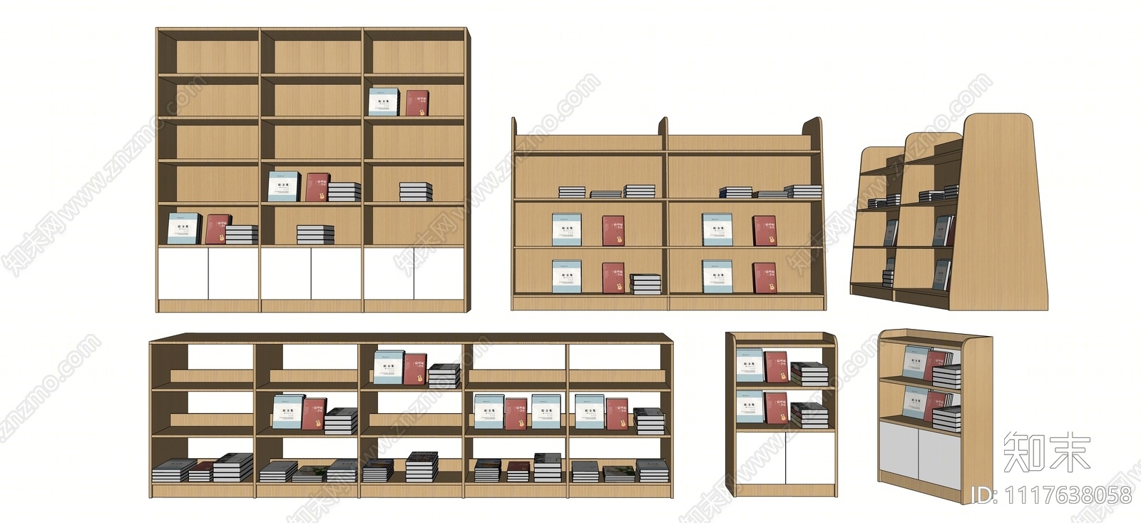 现代图书馆木书籍展柜SU模型下载【ID:1117638058】