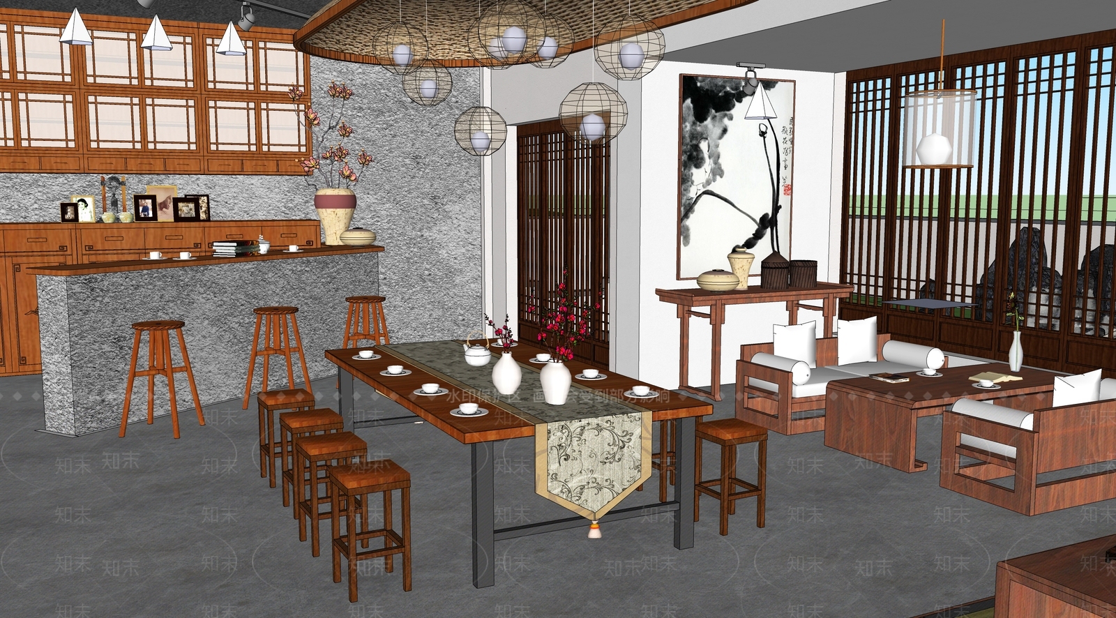 中式民宿茶馆SU模型下载【ID:1117672479】