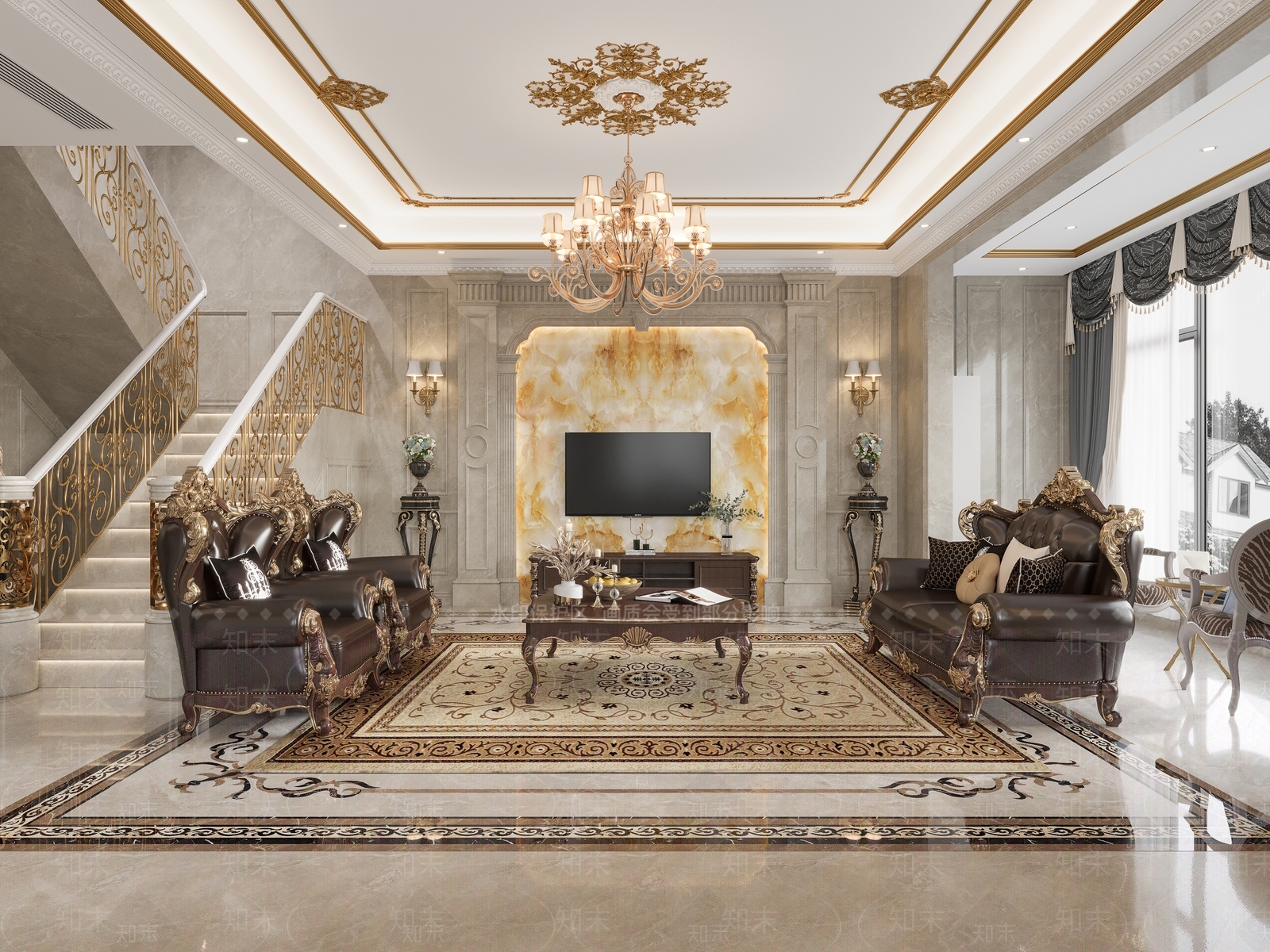 欧式古典别墅客餐厅3D模型下载【ID:1117733492】