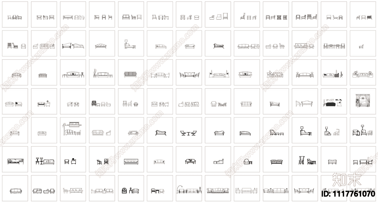 600套沙发CAD平立面模块图库cad施工图下载【ID:1117761070】