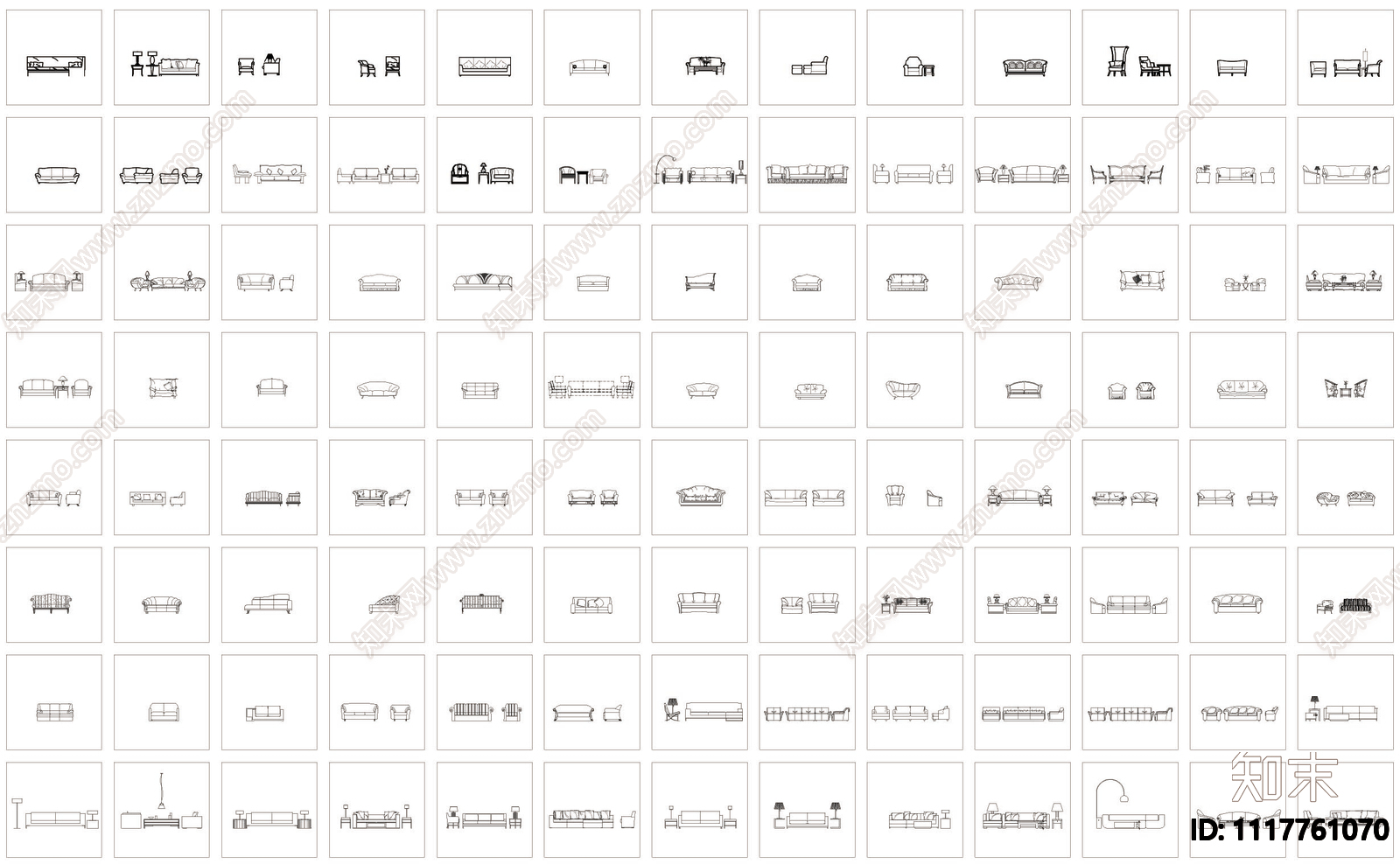 600套沙发CAD平立面模块图库cad施工图下载【ID:1117761070】