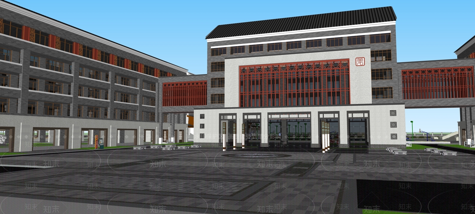 新中式岭南高中学校SU模型下载【ID:1117827554】
