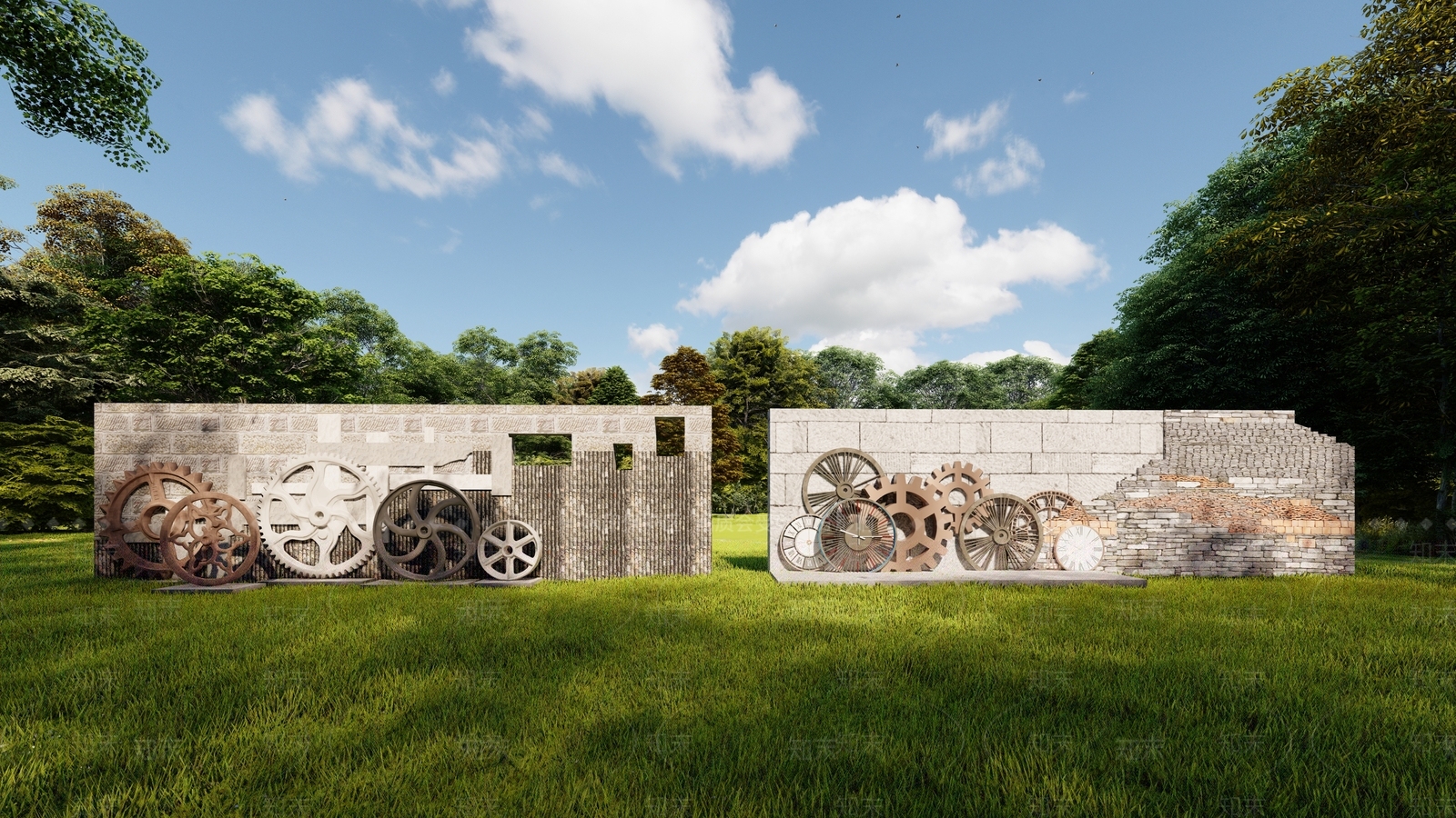 工业风齿轮雕塑景墙SU模型下载【ID:1117836438】