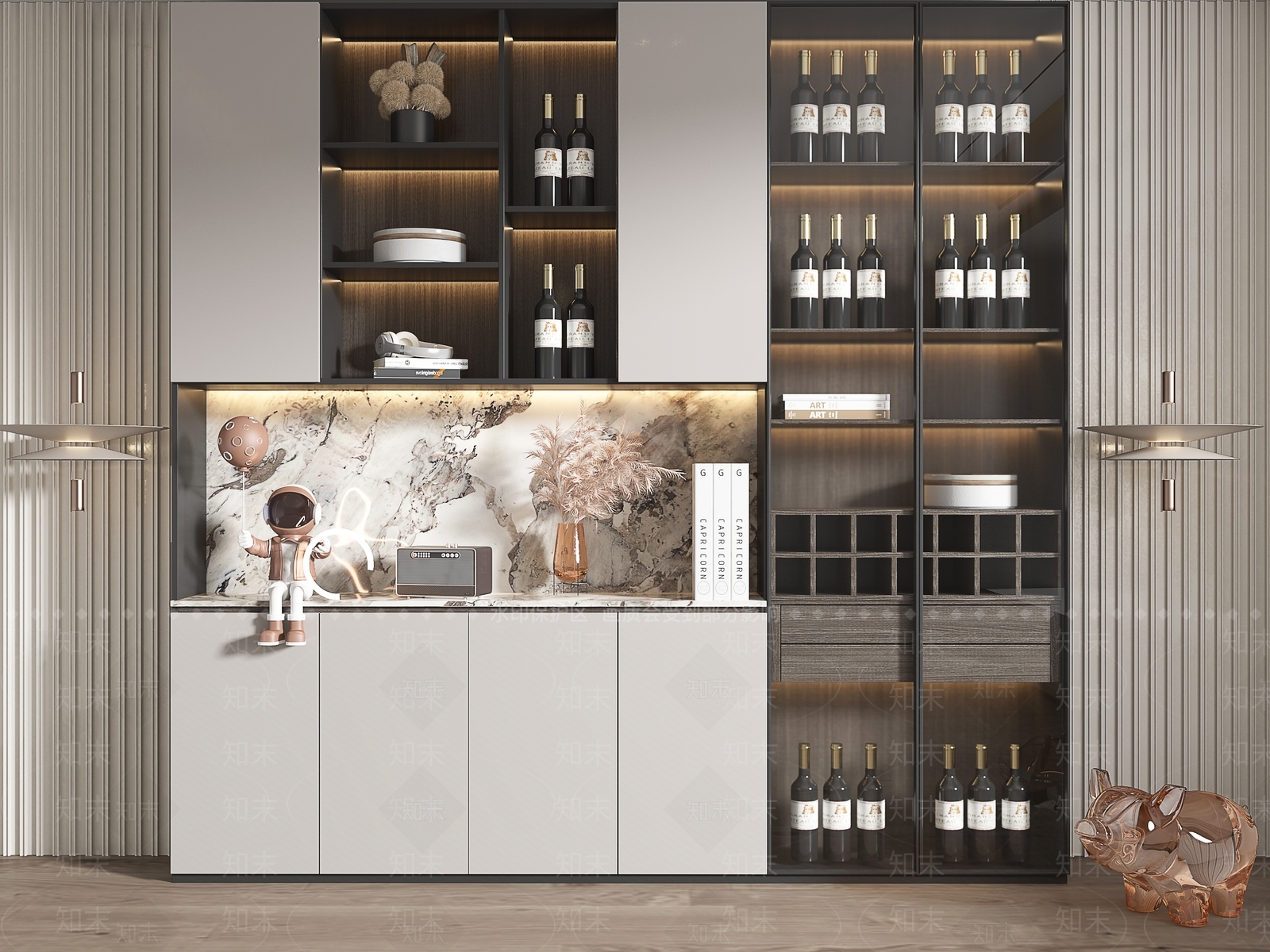 现代实木玻璃门酒柜3D模型下载【ID:1117857652】