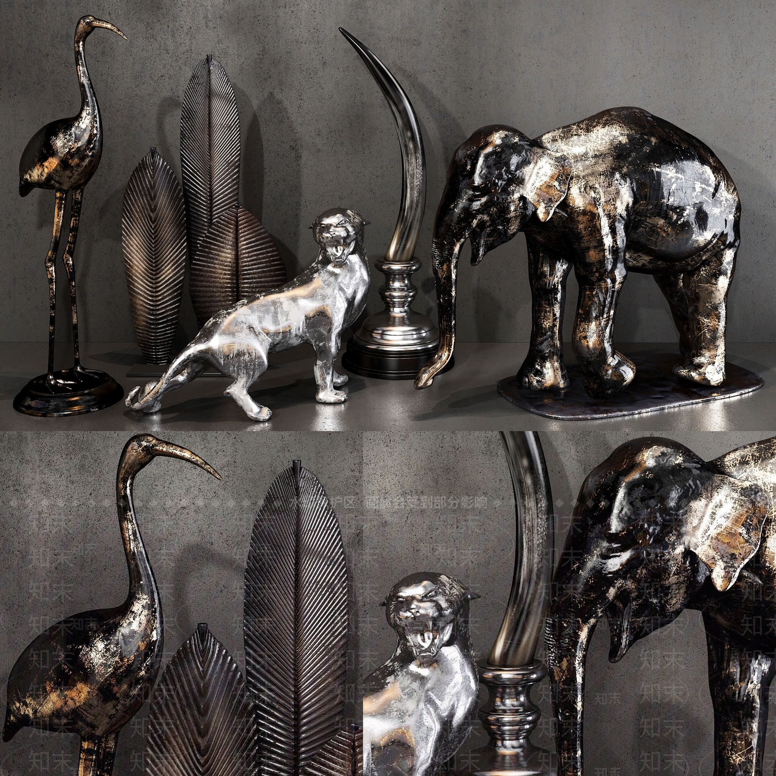 现代金属大象猎豹摆件3D模型下载【ID:1117890495】