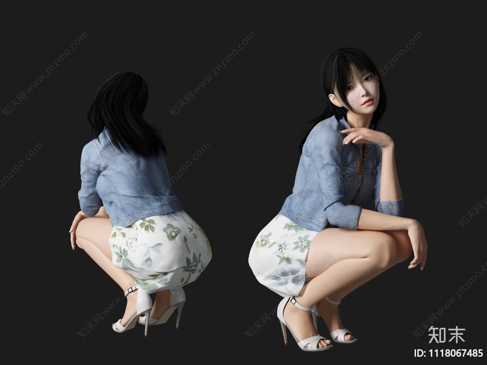 蹲姿美女人物3D模型下载【ID:1118067485】