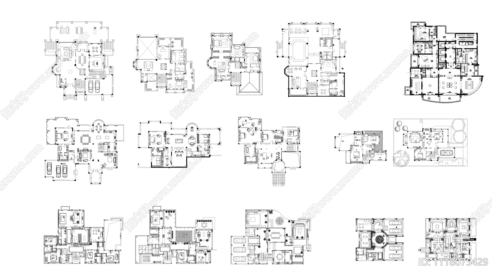 80套别墅建筑设计平面图CAD图库施工图下载【ID:1118075429】