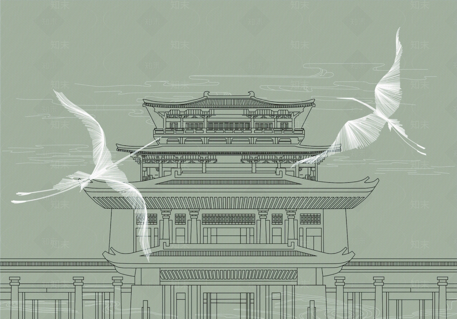 新中式古建筑仙鹤装饰壁画贴图下载【ID:1118078541】