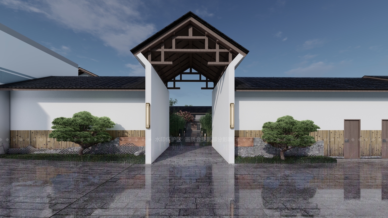 新中式村委会庭院景观SU模型下载【ID:1118184572】