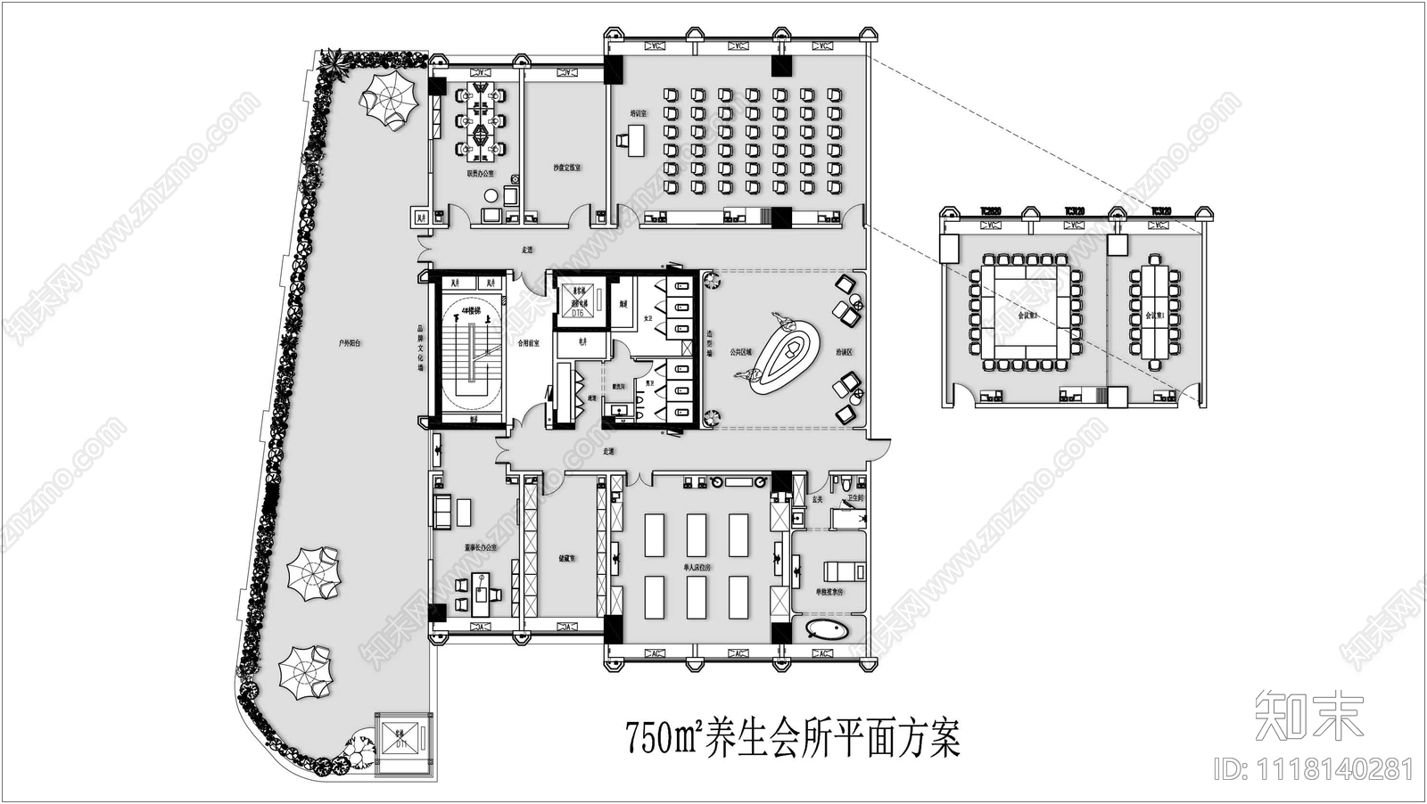 750㎡现代新中式风格养生会所CAD平面方案cad施工图下载【ID:1118140281】