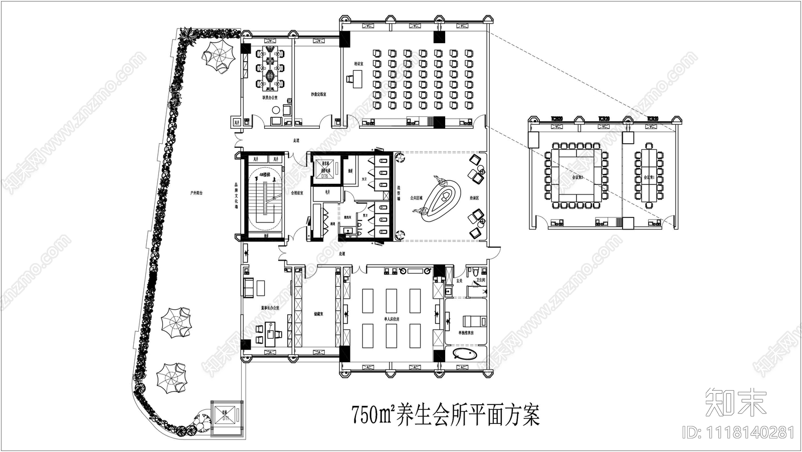 750㎡现代新中式风格养生会所CAD平面方案cad施工图下载【ID:1118140281】