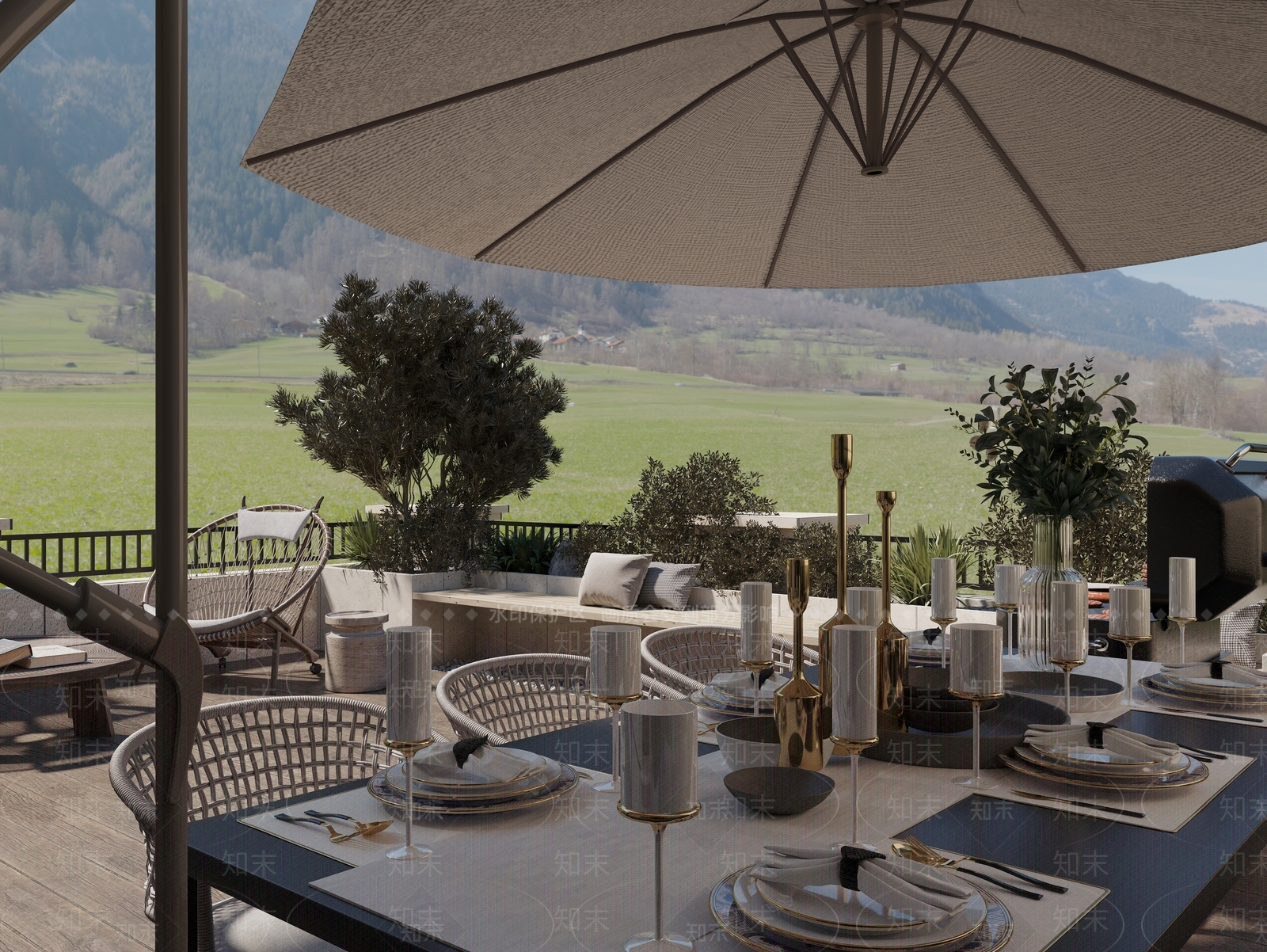 现代别墅露台花园3D模型下载【ID:1118142612】