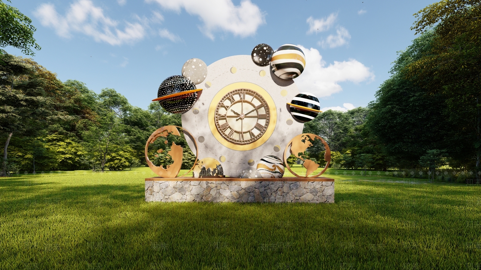 现代星球钟表雕塑小品地球月亮SU模型下载【ID:1118197700】