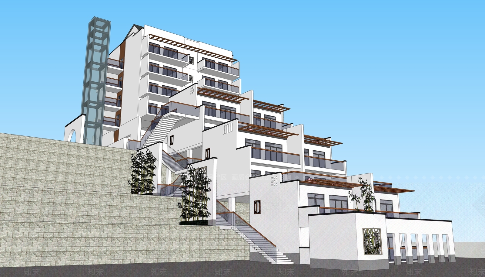 新中式坡地住宅建筑SU模型下载【ID:1118217113】