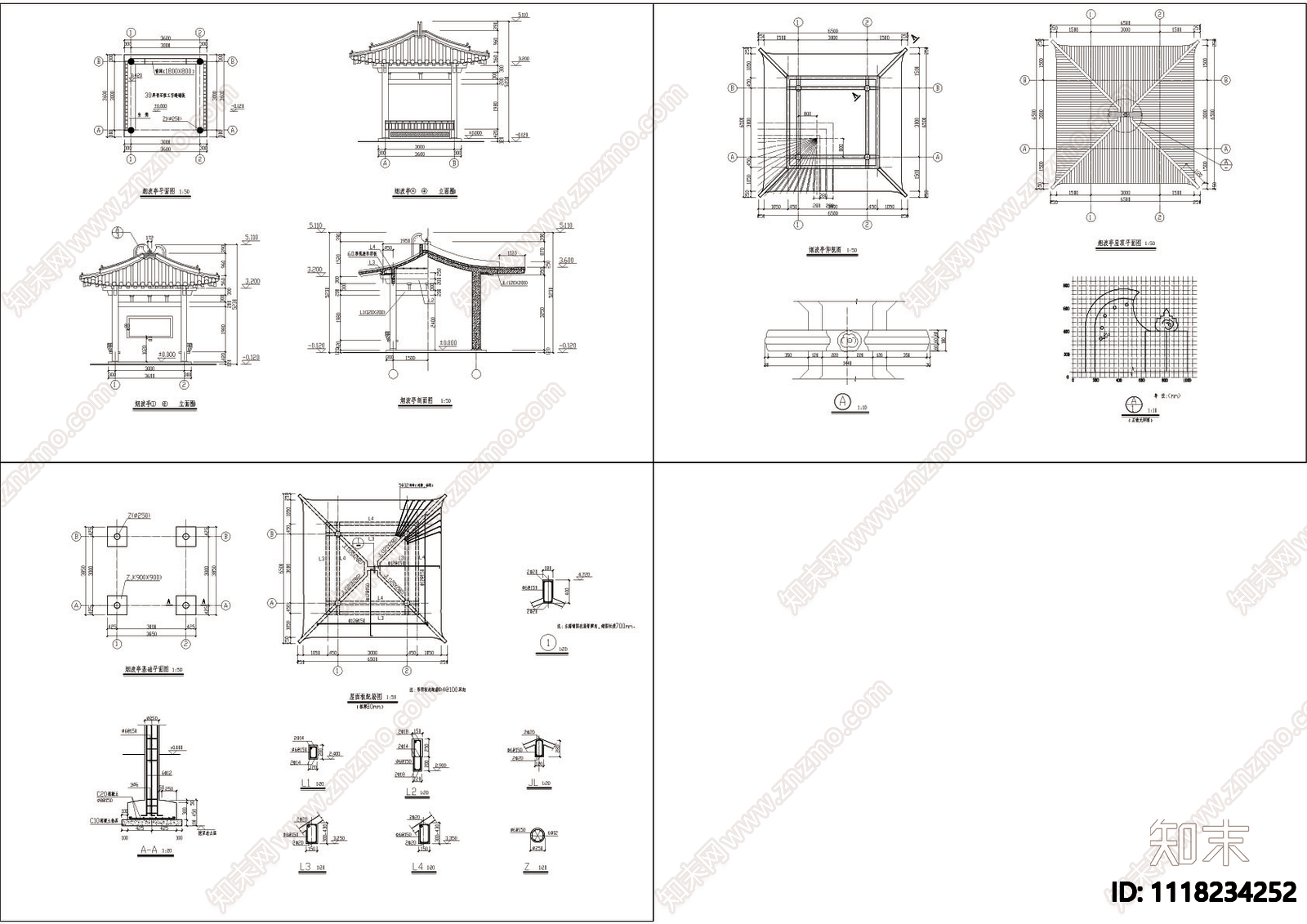 四角亭CAD详图施工图施工图下载【ID:1118234252】