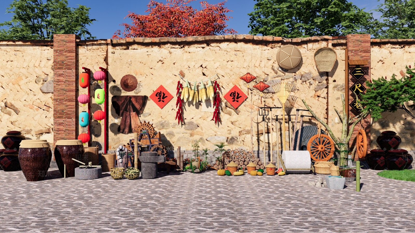 中式农具小品SU模型下载【ID:1118262541】