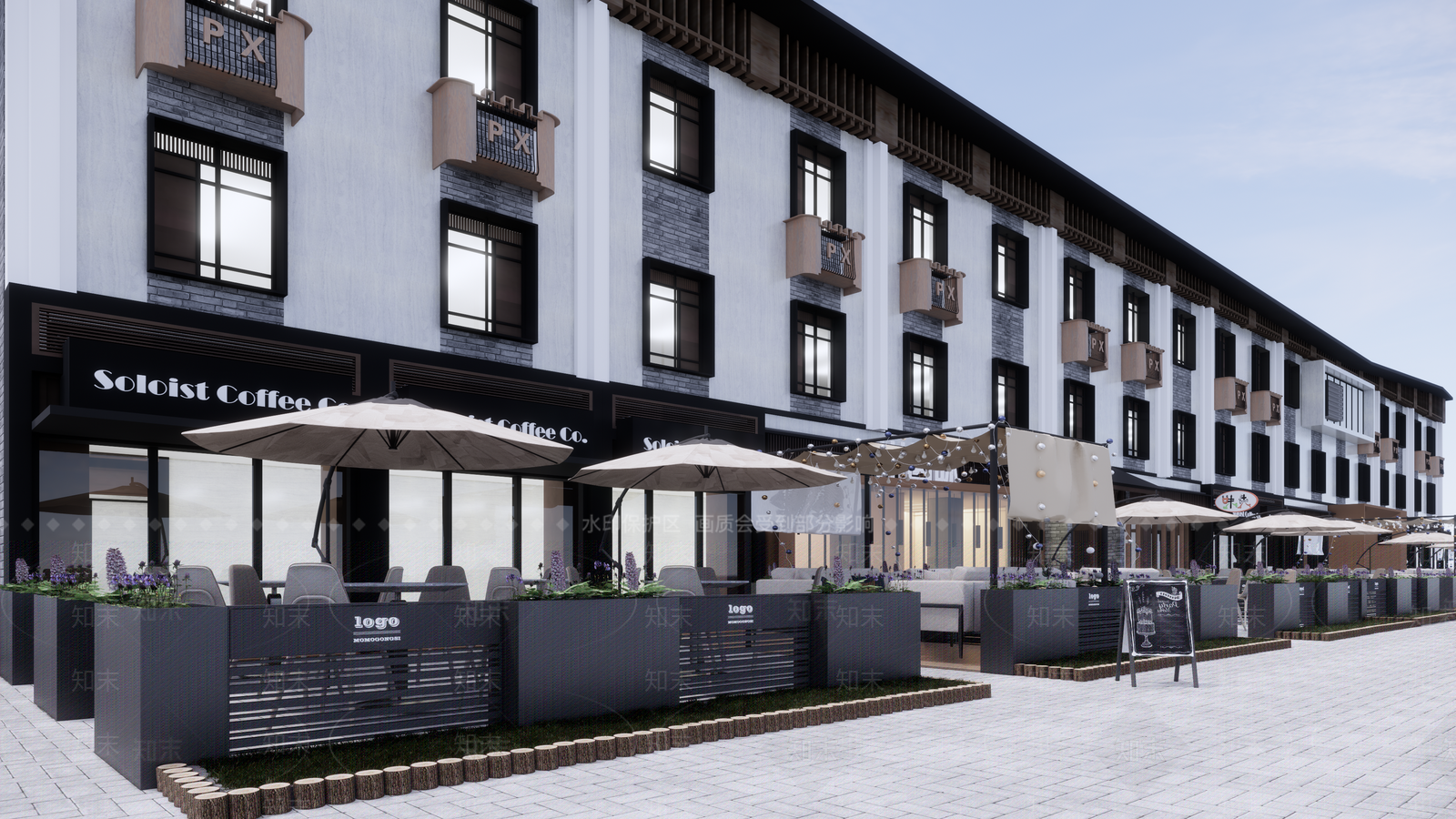 新中式餐饮外摆商业街SU模型下载【ID:1118309523】