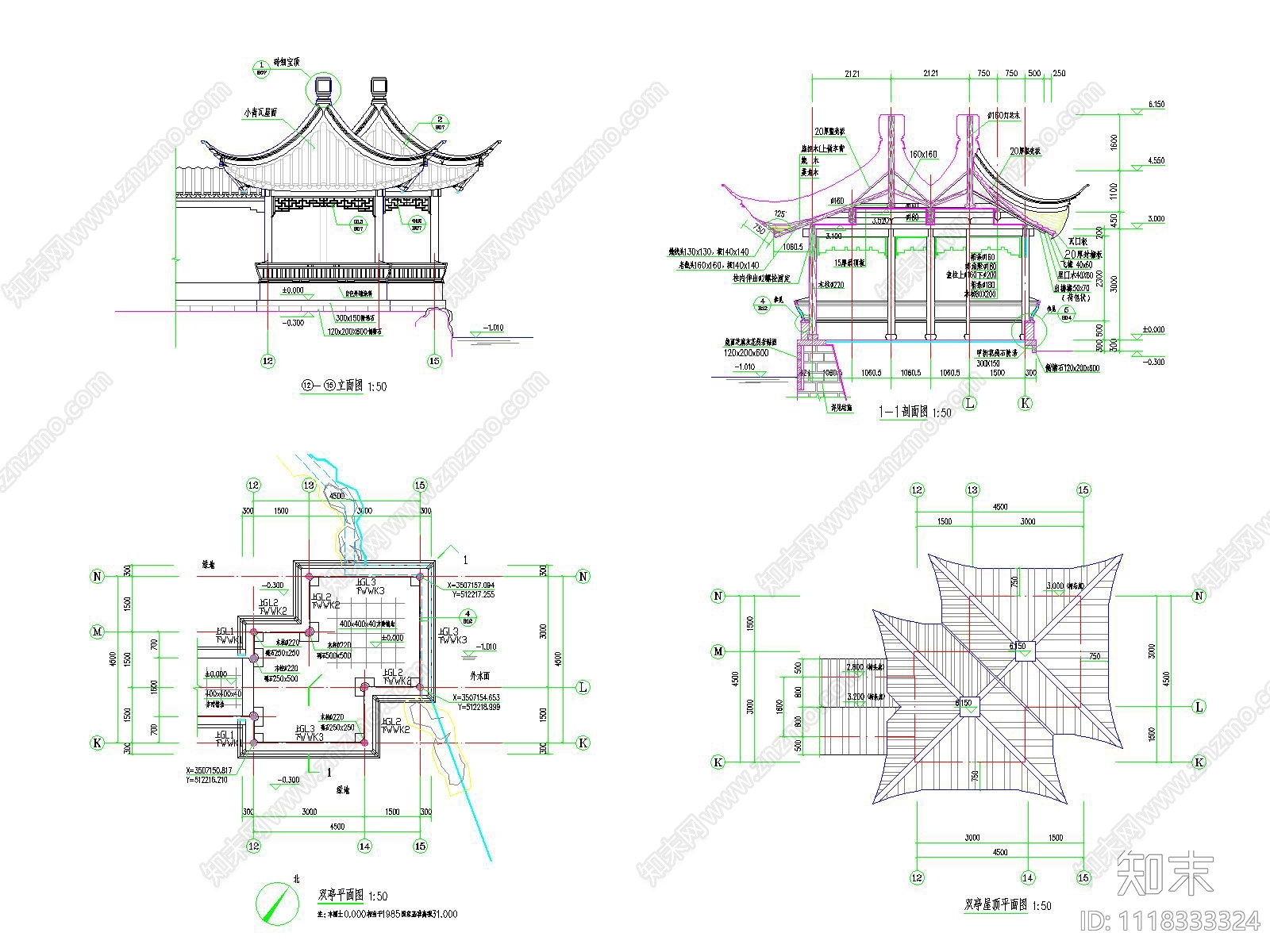 中式古典双亭节点施工图cad施工图下载【ID:1118333324】