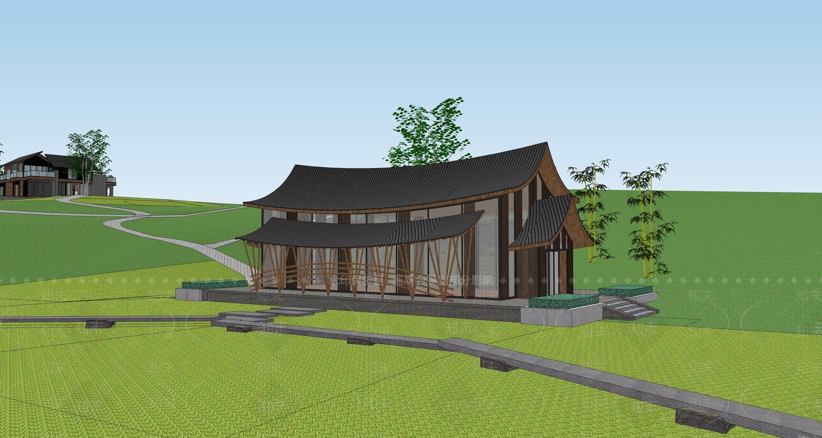 新中式餐饮建筑SU模型下载【ID:1118348647】