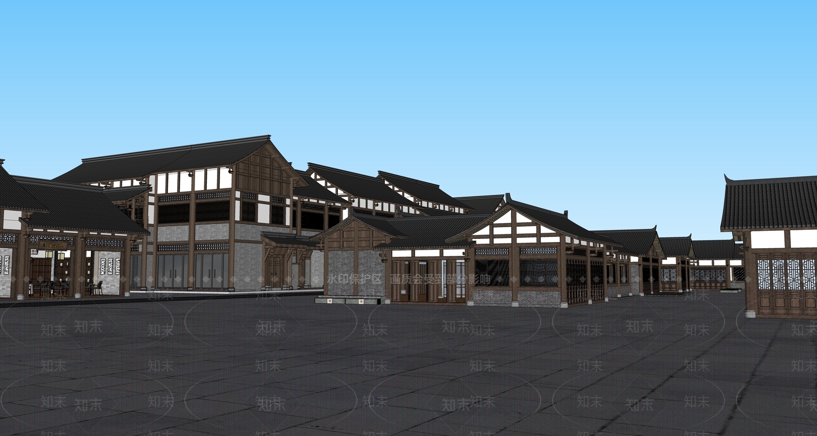中式川西商业街SU模型下载【ID:1118349758】