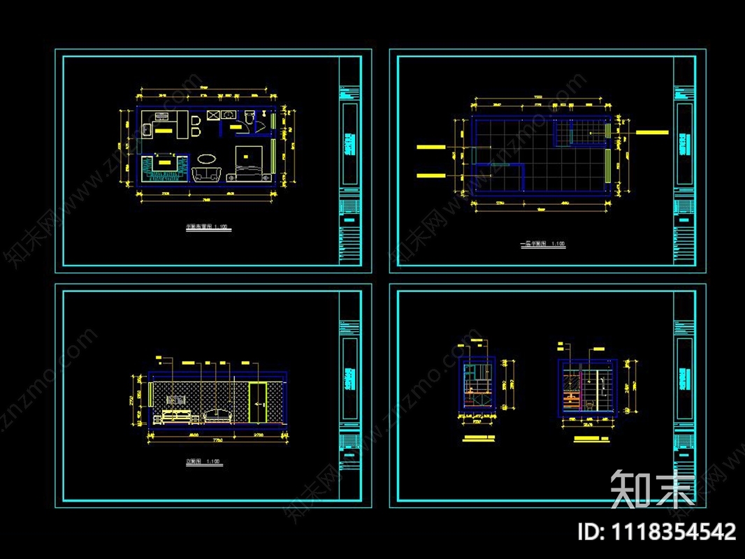 一居室公寓平面布置图平面图立面图施工图下载【ID:1118354542】