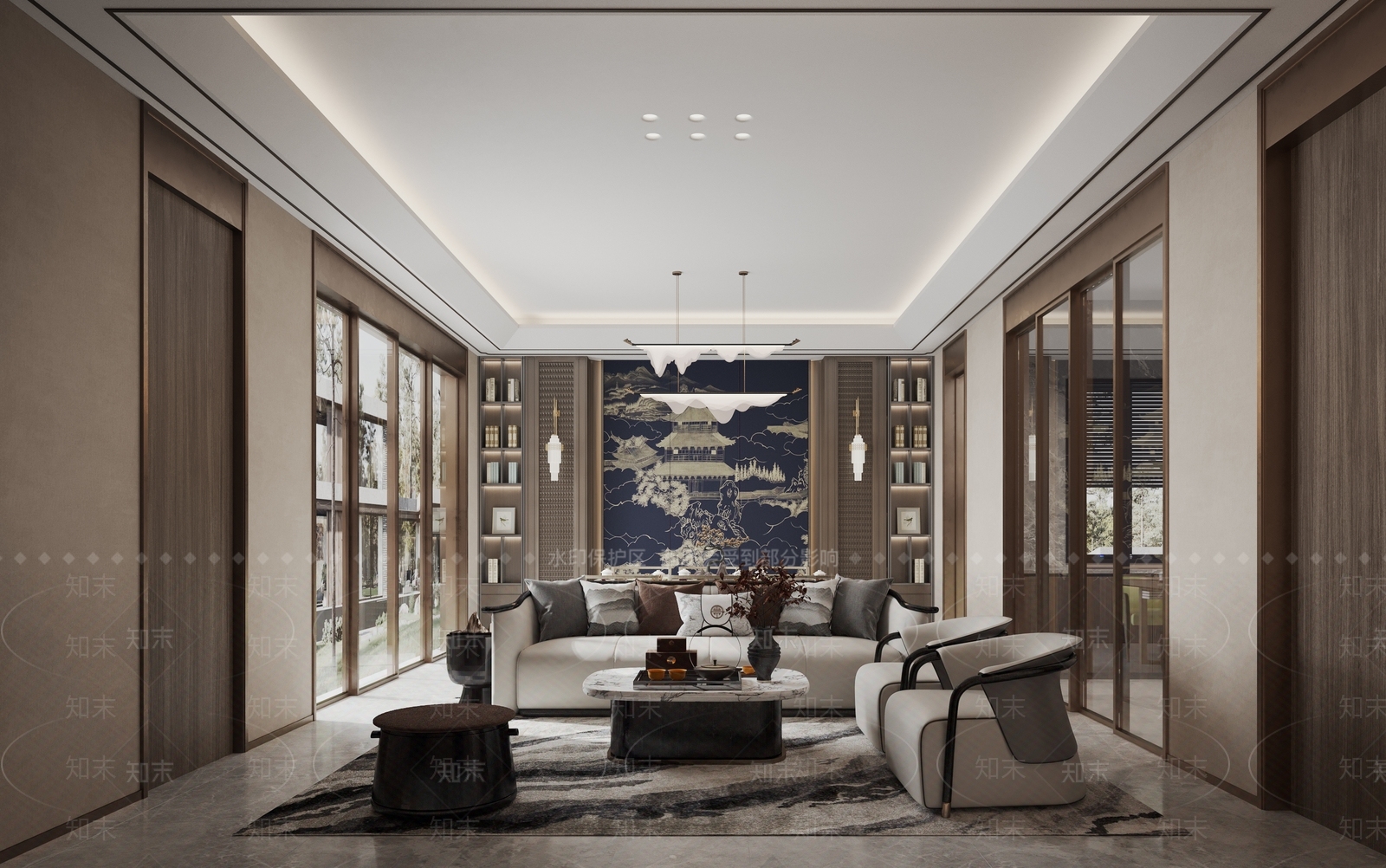 新中式复式别墅客餐厅3D模型下载【ID:1118357540】