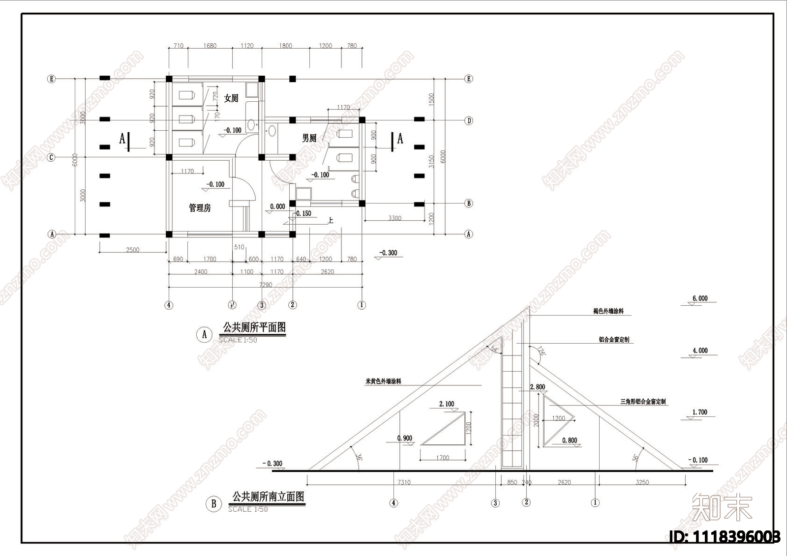 公园现代公共厕所详图施工图cad施工图下载【ID:1118396003】