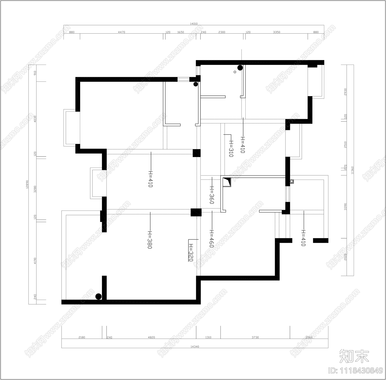 三居室平面方案施工图下载【ID:1118430849】