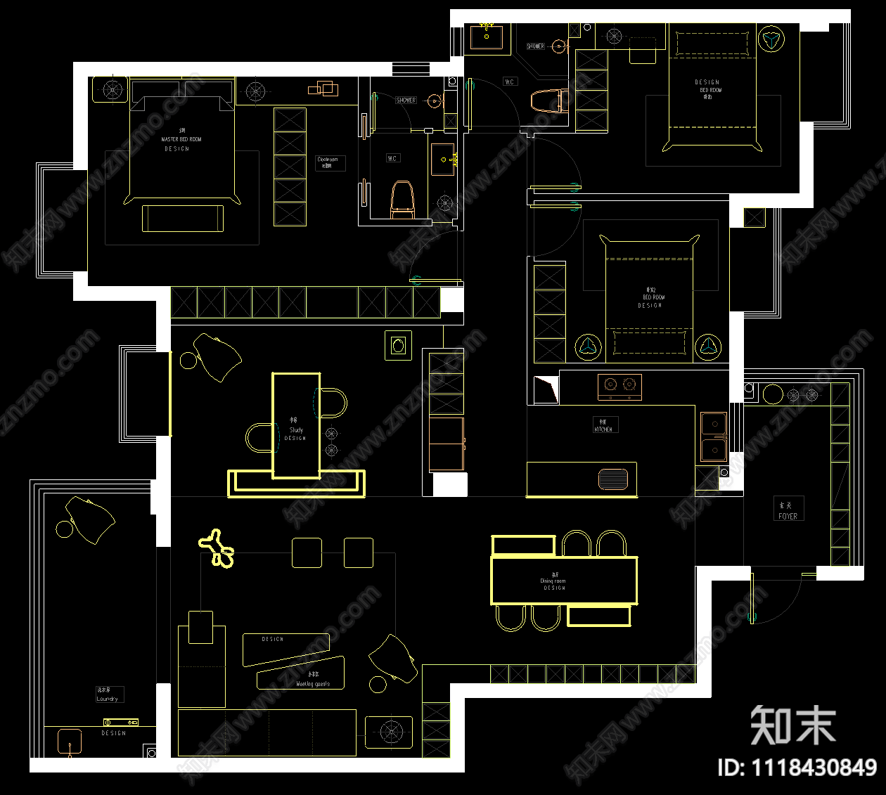 三居室平面方案施工图下载【ID:1118430849】