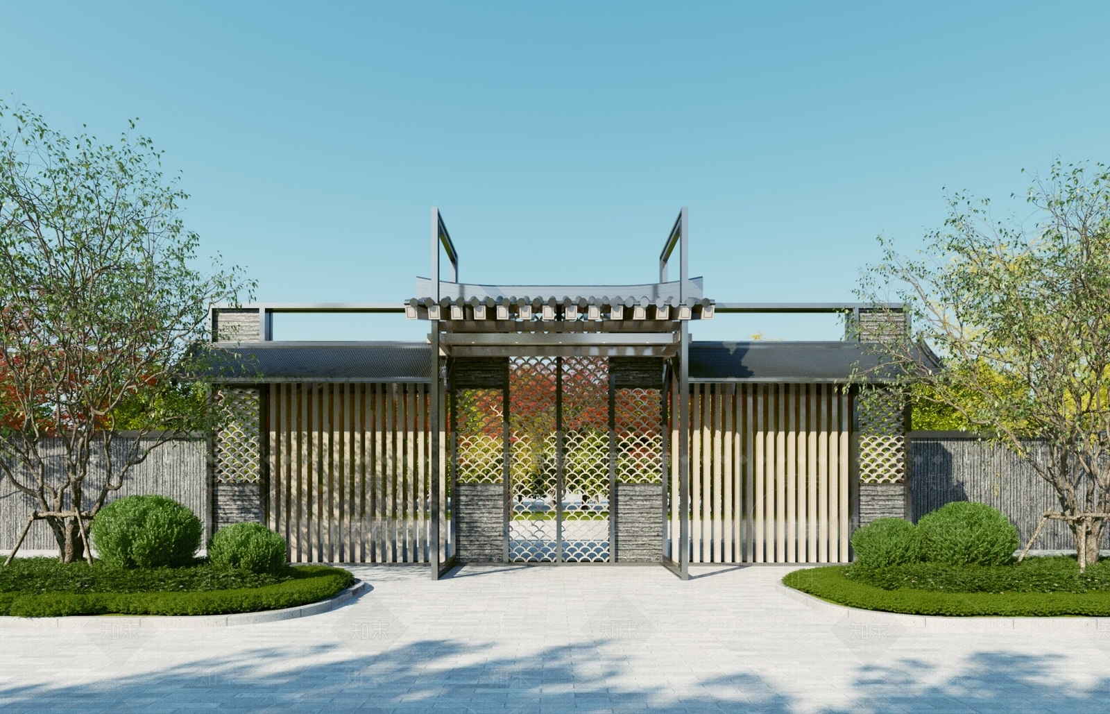 新中式小区入口大门3D模型下载【ID:1118438118】